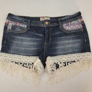 Lei Ashley Jean Shorts Women Size 13 Blue Denim Lace Trim Shorts Boho Low Rise